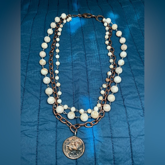 Triple Layer Necklace with Vintage Greek Coin and Rustic Howlite Beads - 17” - Picture 6 of 12